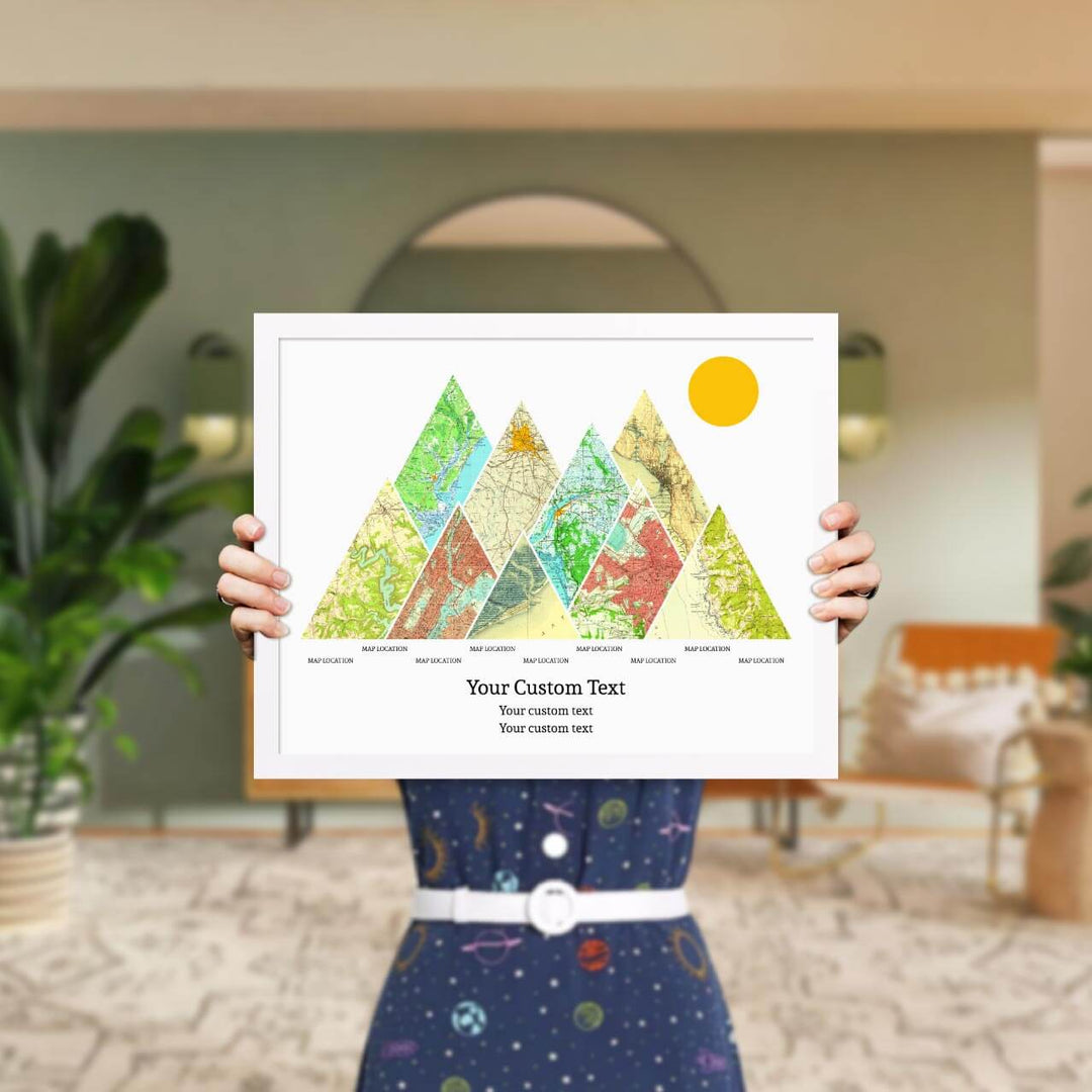 Personalized Mountain Atlas Map with 9 Locations, White Thin Framed Art Print, Styled#color-finish_white-thin-frame