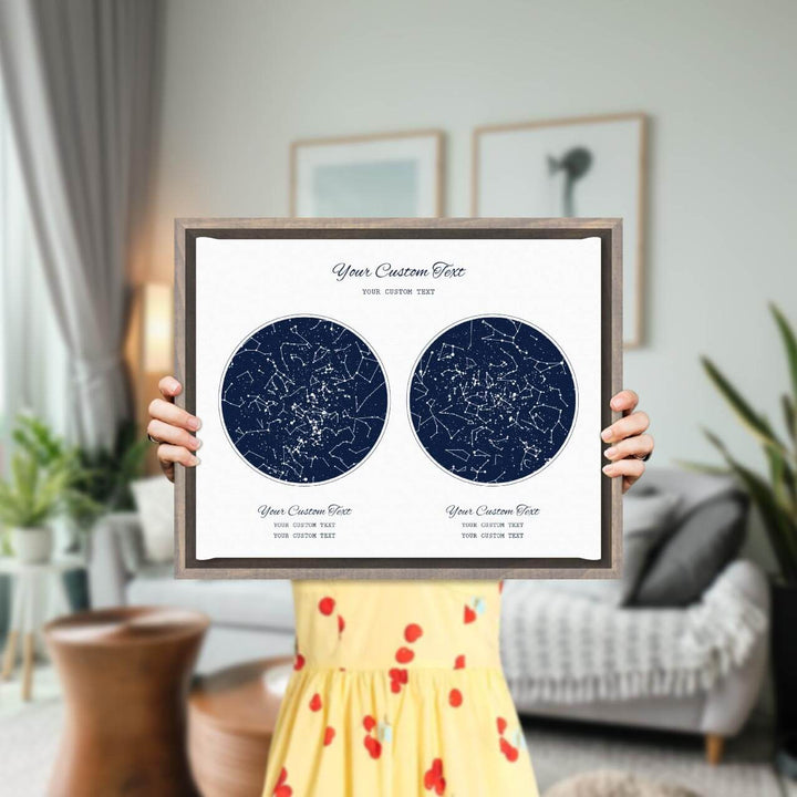 Star Map Gift Personalized With 2 Night Skies, Horizontal, Gray Floater Framed Art Print, Styled#color-finish_gray-floater-frame