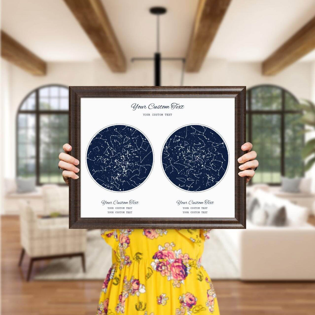Star Map Gift Personalized With 2 Night Skies, Horizontal, Espresso Beveled Framed Art Print, Styled#color-finish_espresso-beveled-frame