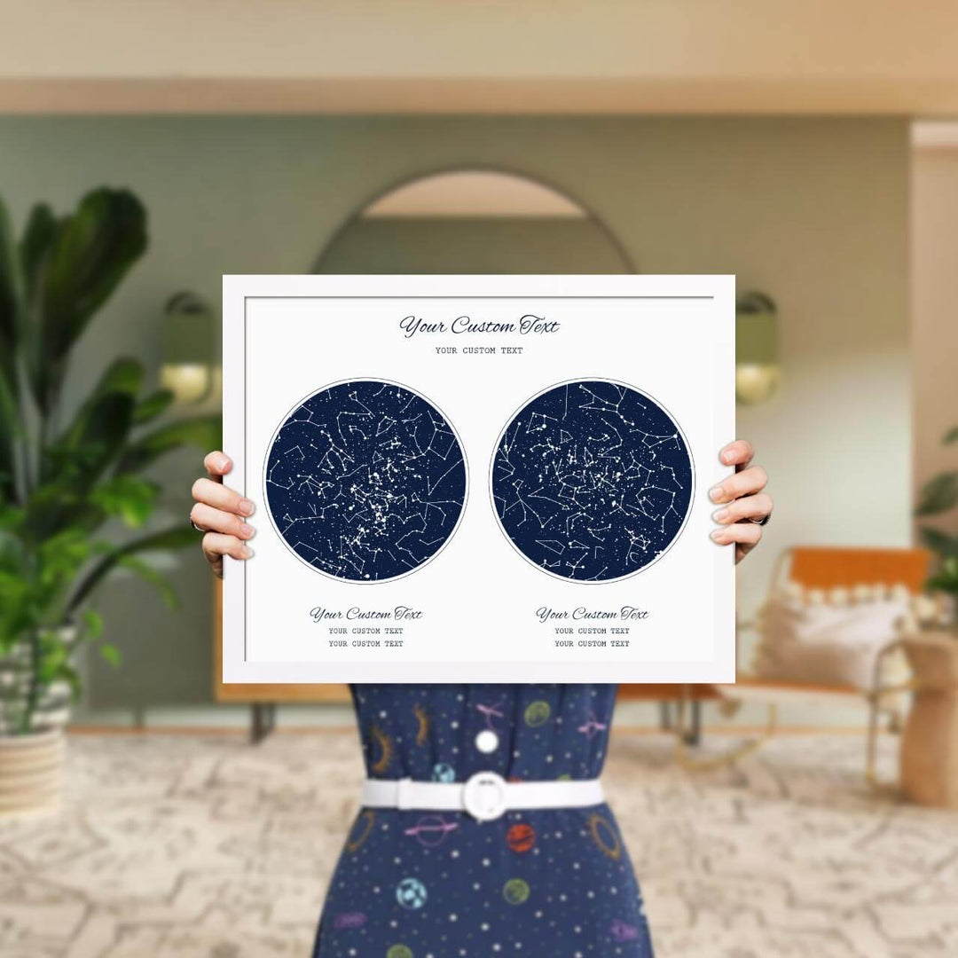 Star Map Gift Personalized With 2 Night Skies, Horizontal, White Thin Framed Art Print, Styled#color-finish_white-thin-frame