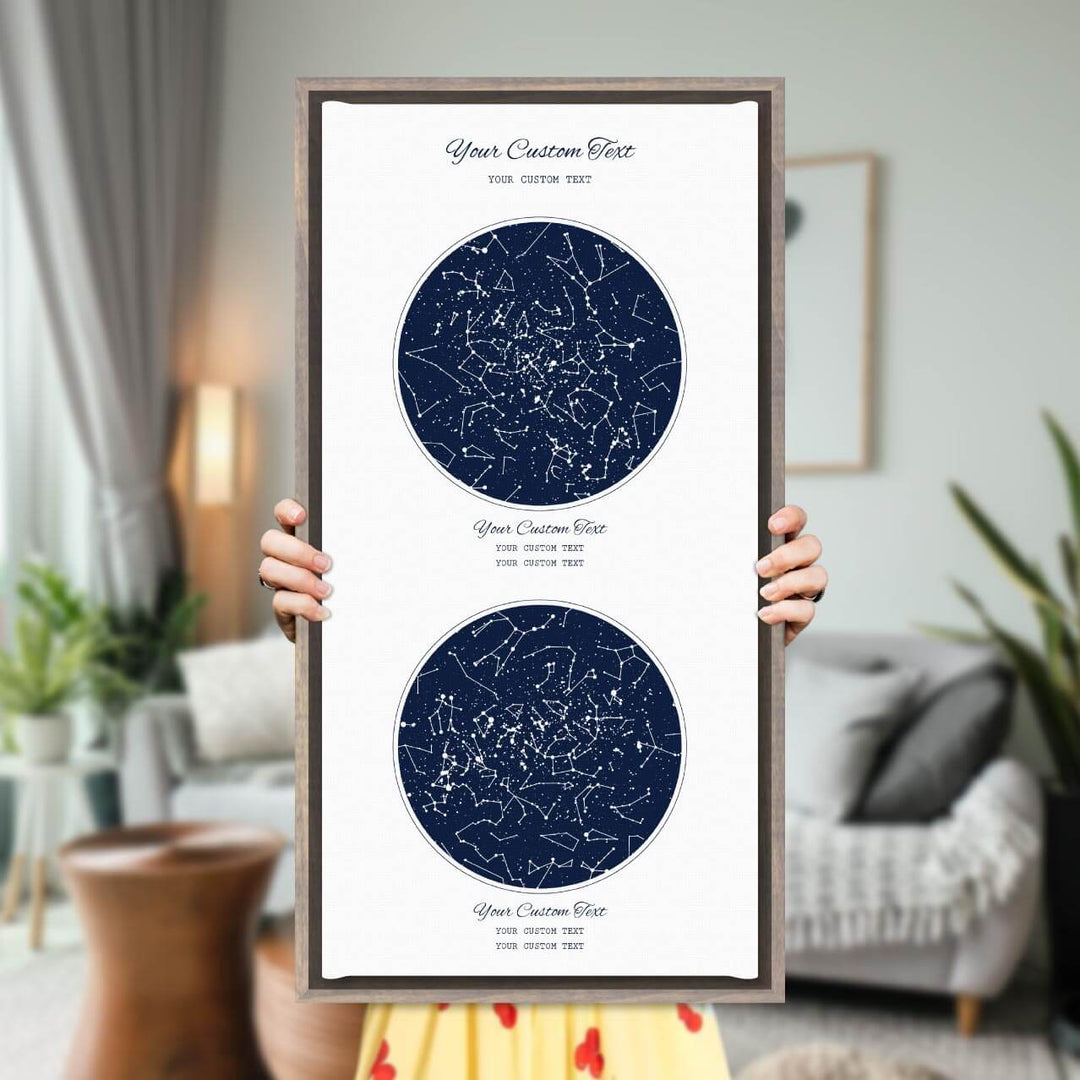 Star Map Gift Personalized With 2 Night Skies, Vertical, Gray Floater Framed Art Print, Styled#color-finish_gray-floater-frame