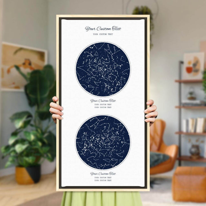 Star Map Gift Personalized With 2 Night Skies, Vertical, Light Wood Floater Framed Art Print, Styled#color-finish_light-wood-floater-frame