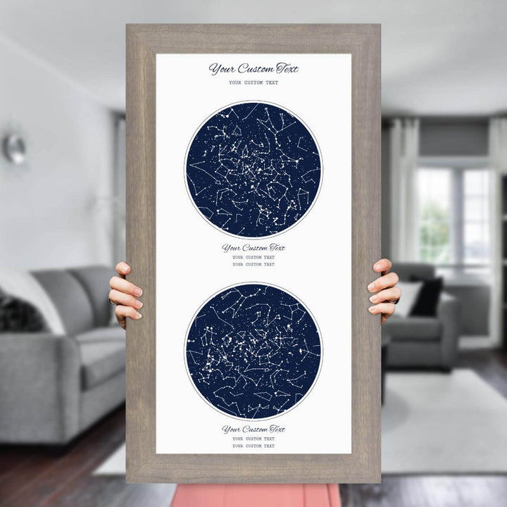 Star Map Gift Personalized With 2 Night Skies, Vertical, Gray Wide Framed Art Print, Styled#color-finish_gray-wide-frame