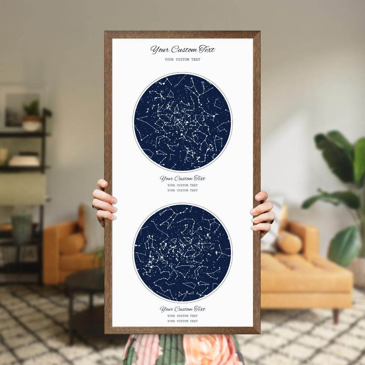 Star Map Gift Personalized With 2 Night Skies, Vertical, Walnut Thin Framed Art Print, Styled#color-finish_walnut-thin-frame