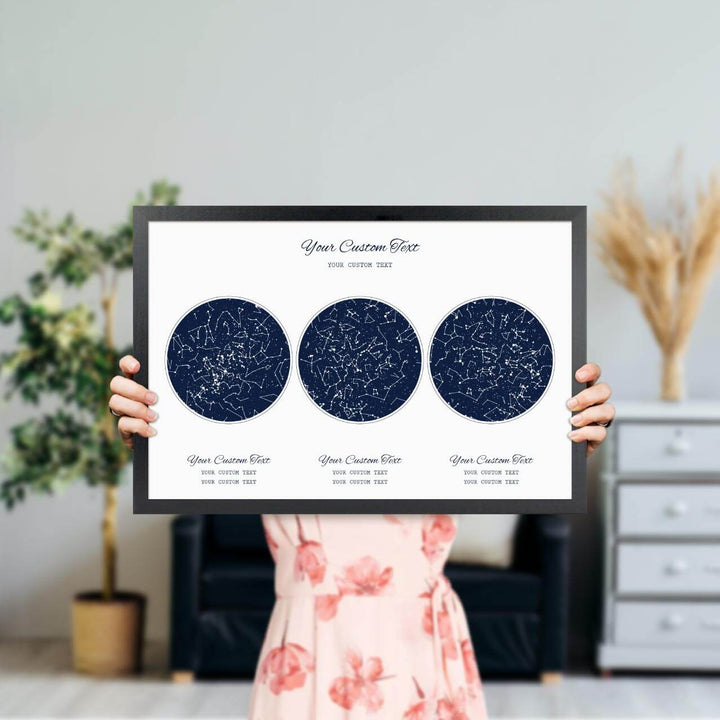 Star Map Gift Personalized With 3 Night Skies, Horizontal, Black Thin Framed Art Print, Styled#color-finish_black-thin-frame