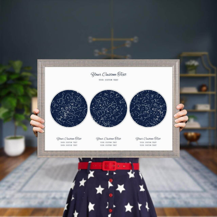 Star Map Gift Personalized With 3 Night Skies, Horizontal, Gray Beveled Framed Art Print, Styled#color-finish_gray-beveled-frame