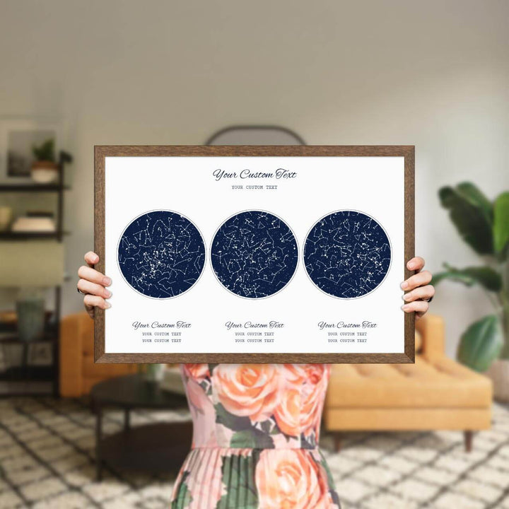 Star Map Gift Personalized With 3 Night Skies, Horizontal, Walnut Thin Framed Art Print, Styled#color-finish_walnut-thin-frame