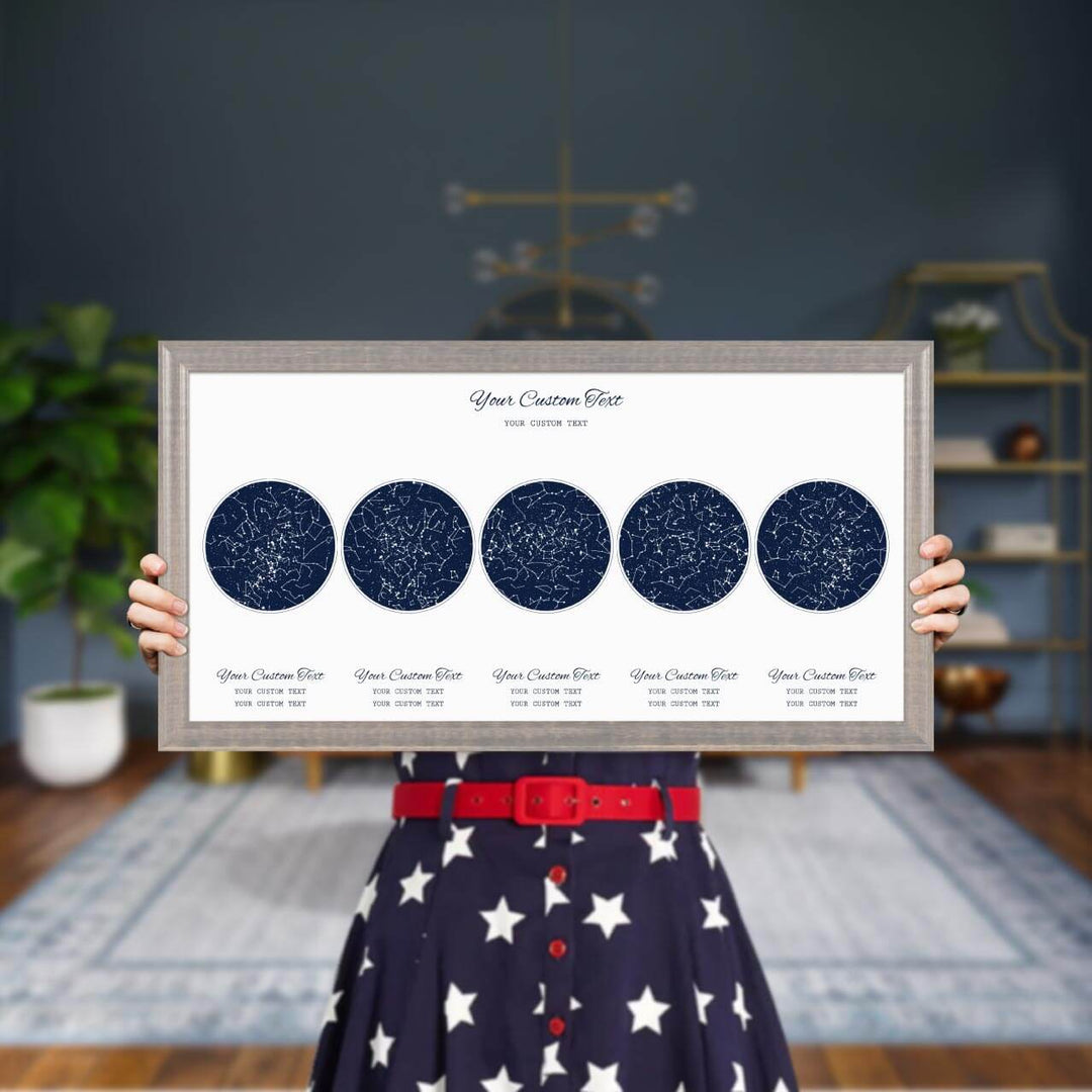 Star Map Gift Personalized With 5 Night Skies, Horizontal, Gray Beveled Framed Art Print, Styled#color-finish_gray-beveled-frame