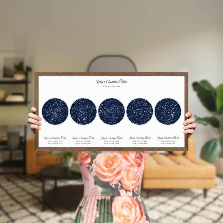 Star Map Gift Personalized With 5 Night Skies, Horizontal, Walnut Thin Framed Art Print, Styled#color-finish_walnut-thin-frame