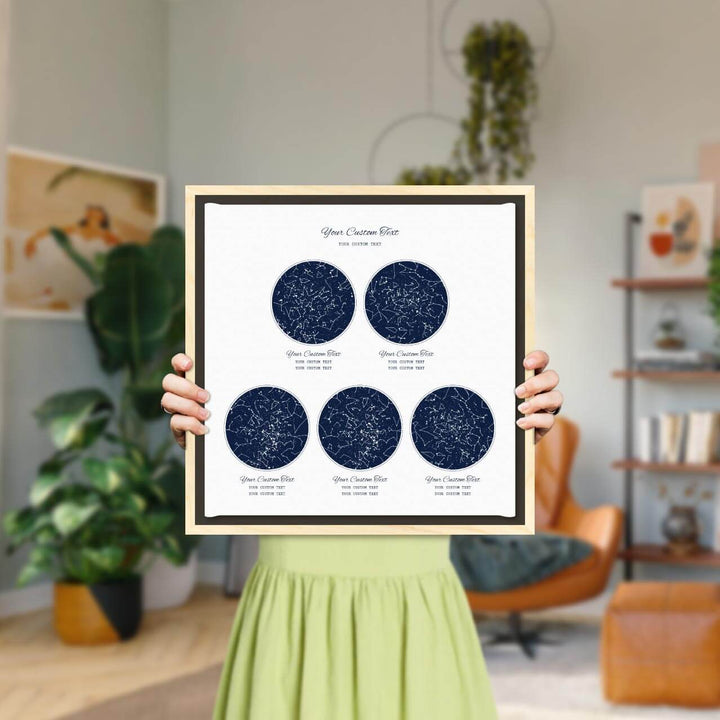 Star Map Gift Personalized With 5 Night Skies, Square, Light Wood Floater Framed Art Print, Styled#color-finish_light-wood-floater-frame
