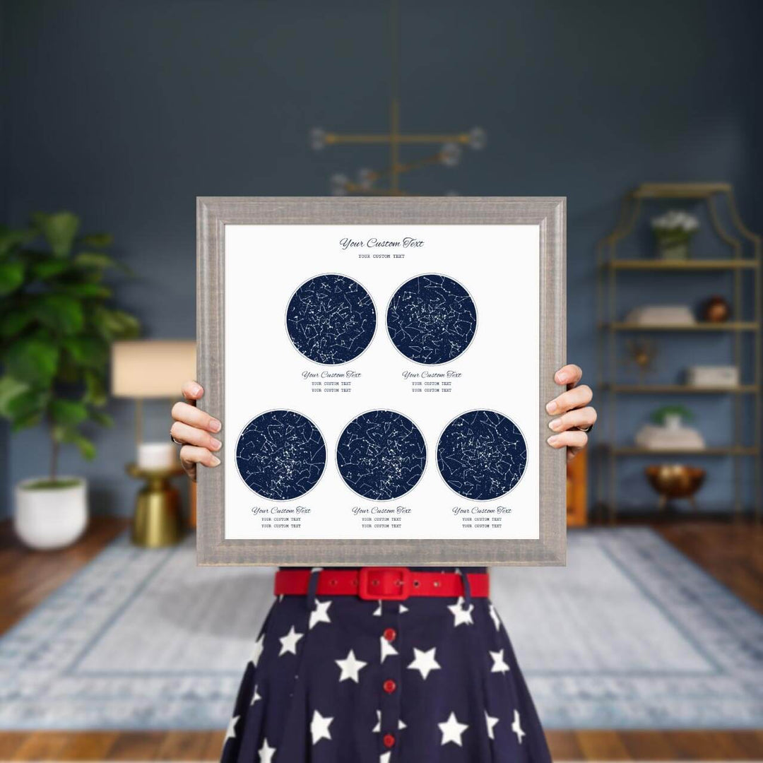 Star Map Gift Personalized With 5 Night Skies, Square, Gray Beveled Framed Art Print, Styled#color-finish_gray-beveled-frame