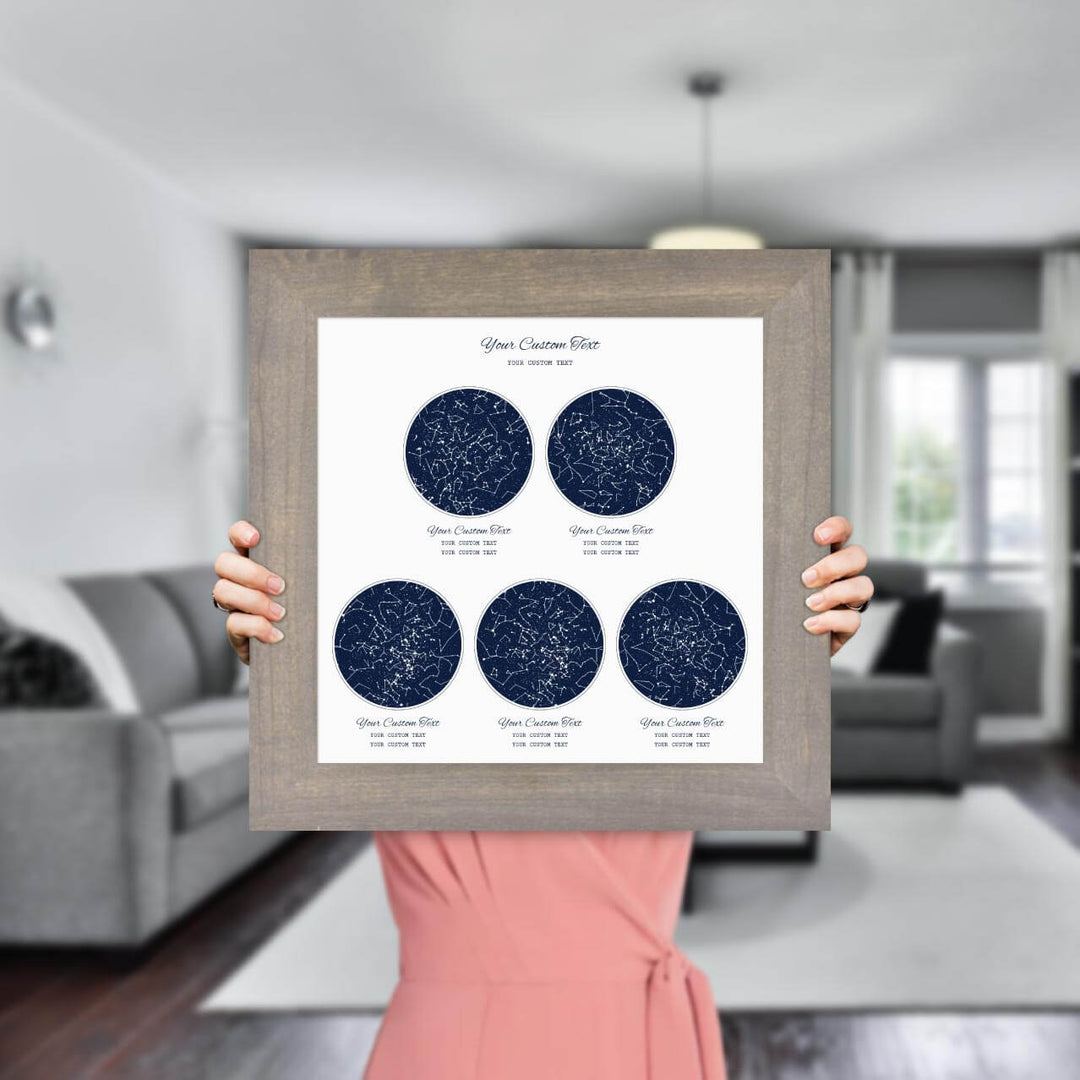 Star Map Gift Personalized With 5 Night Skies, Square, Gray Wide Framed Art Print, Styled#color-finish_gray-wide-frame