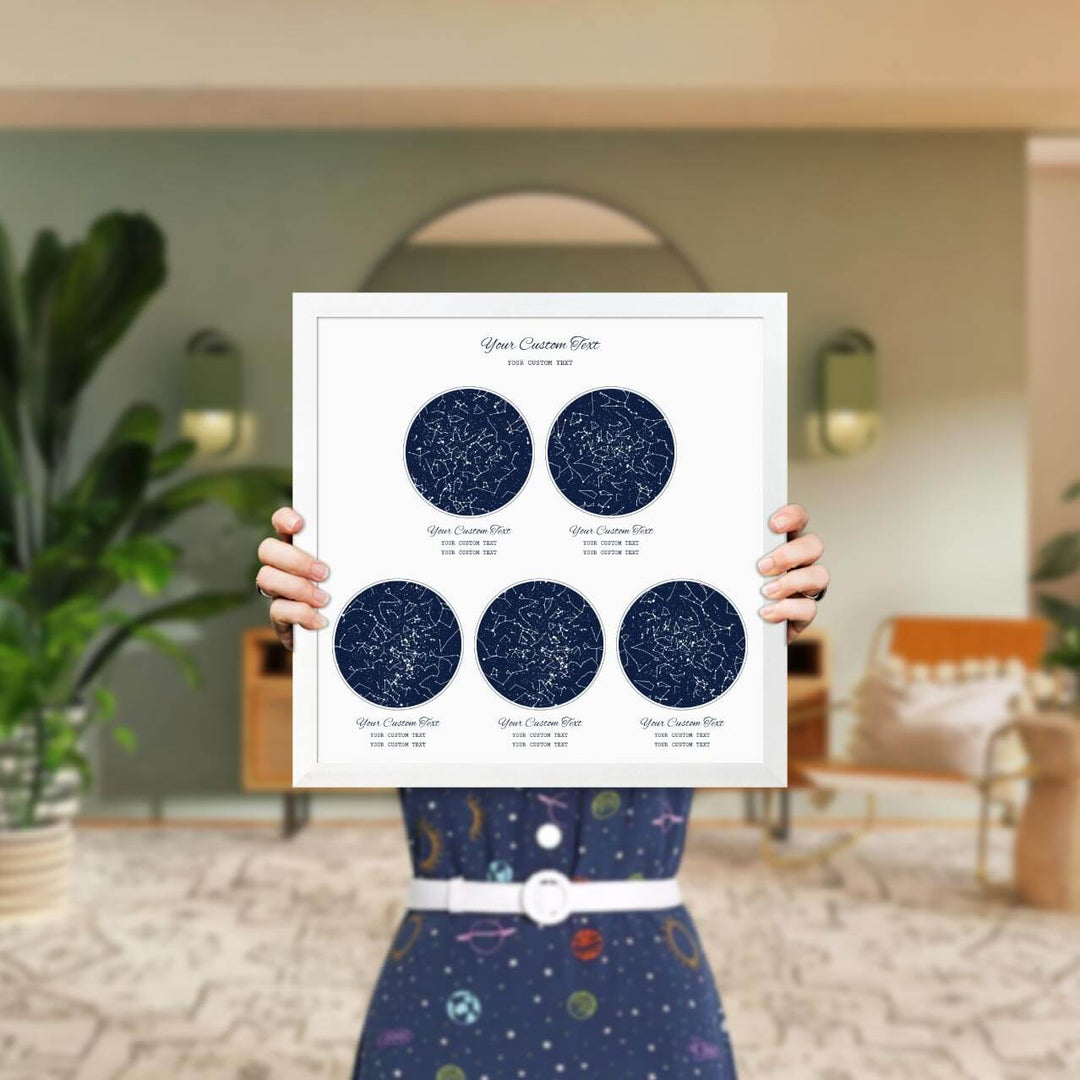 Star Map Gift Personalized With 5 Night Skies, Square, White Thin Framed Art Print, Styled#color-finish_white-thin-frame