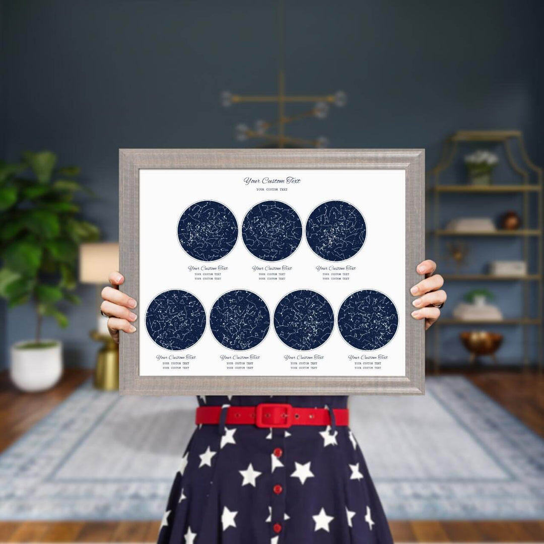 Star Map Gift Personalized With 7 Night Skies, Horizontal, Gray Beveled Framed Art Print, Styled#color-finish_gray-beveled-frame